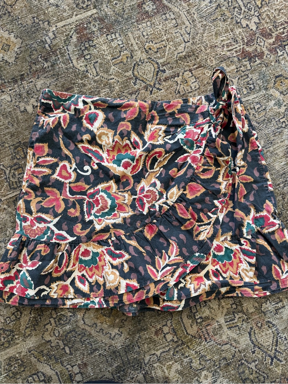 Sezane Floral Wrap Mini Skirt in Black, Red, Green, Tan